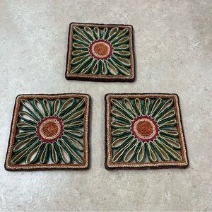 Lot of 3 Square Rattan Wicker Raffia Woven Straw Hot Pad Trivets 6” MCM Retro